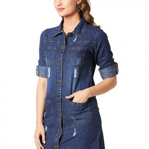 Women's Navy Blue Solid Collared Full Sleeves Denim Knee-Length Jacket