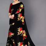 Saree in black pure Georgette with floral print